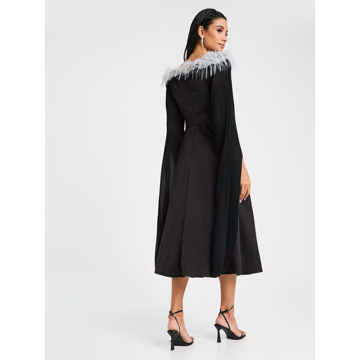 Styli Belted Cape Sleeve Midi Dress With Faux Fur Trim-women-clothing-dresses-image-6