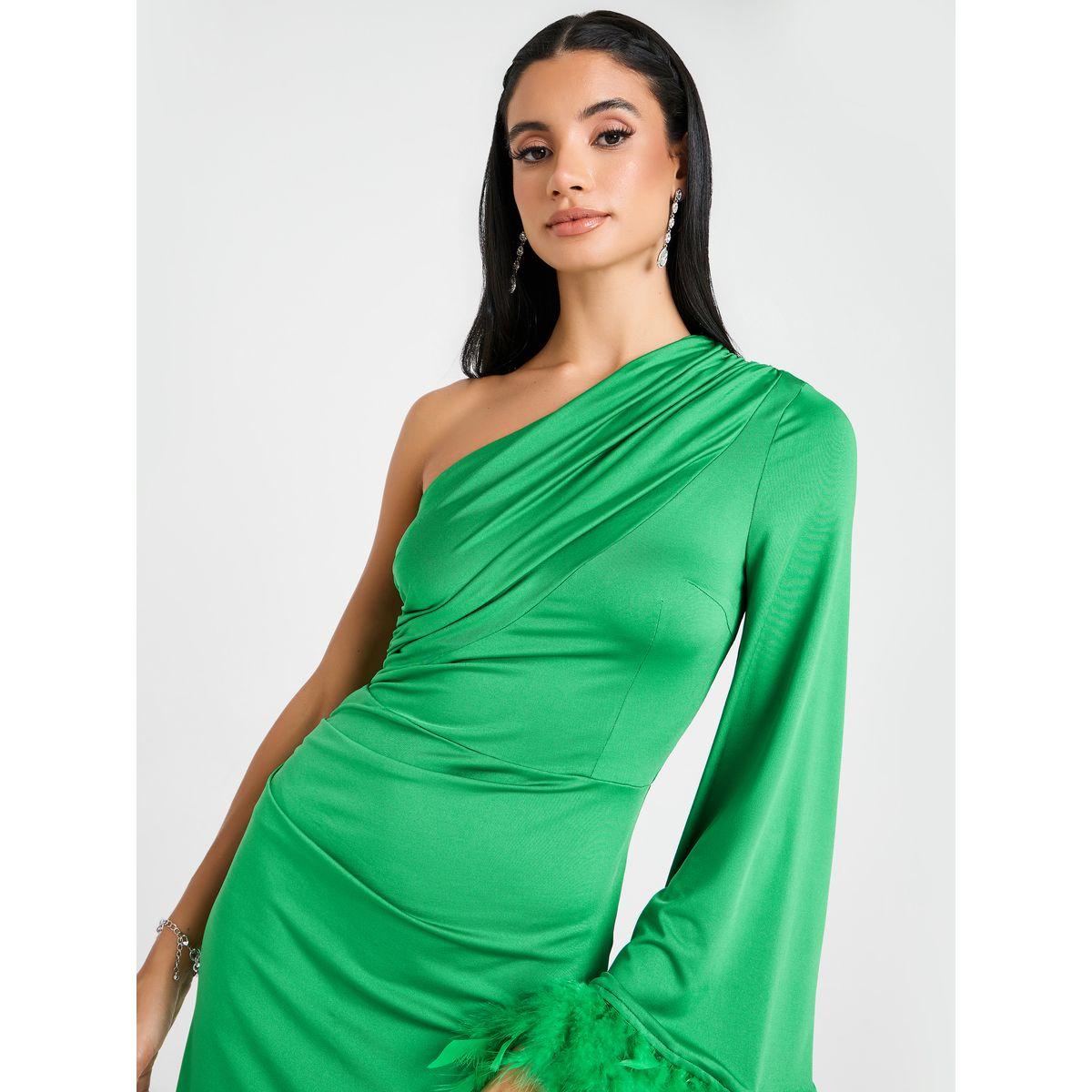 Styli One Shoulder Faux Feathered Trim Bodycon Dress-women-clothing-dresses-image-5