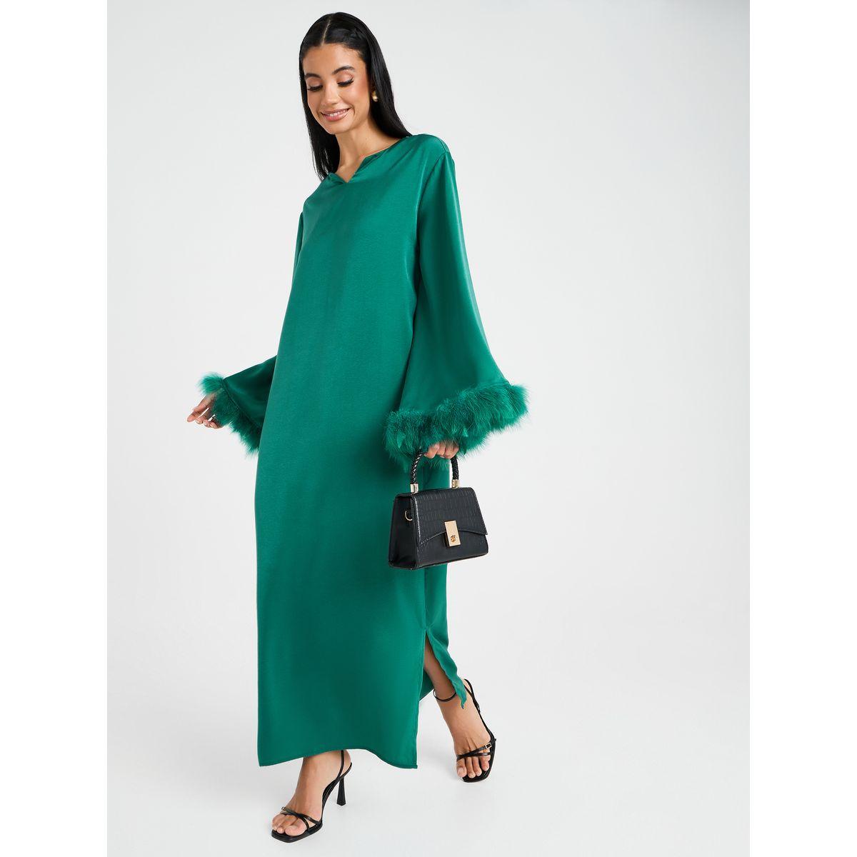 Styli Side Slit Trumpet Sleeve Shift Maxi Dress With Faux Fur Trim-women-clothing-dresses-image-1
