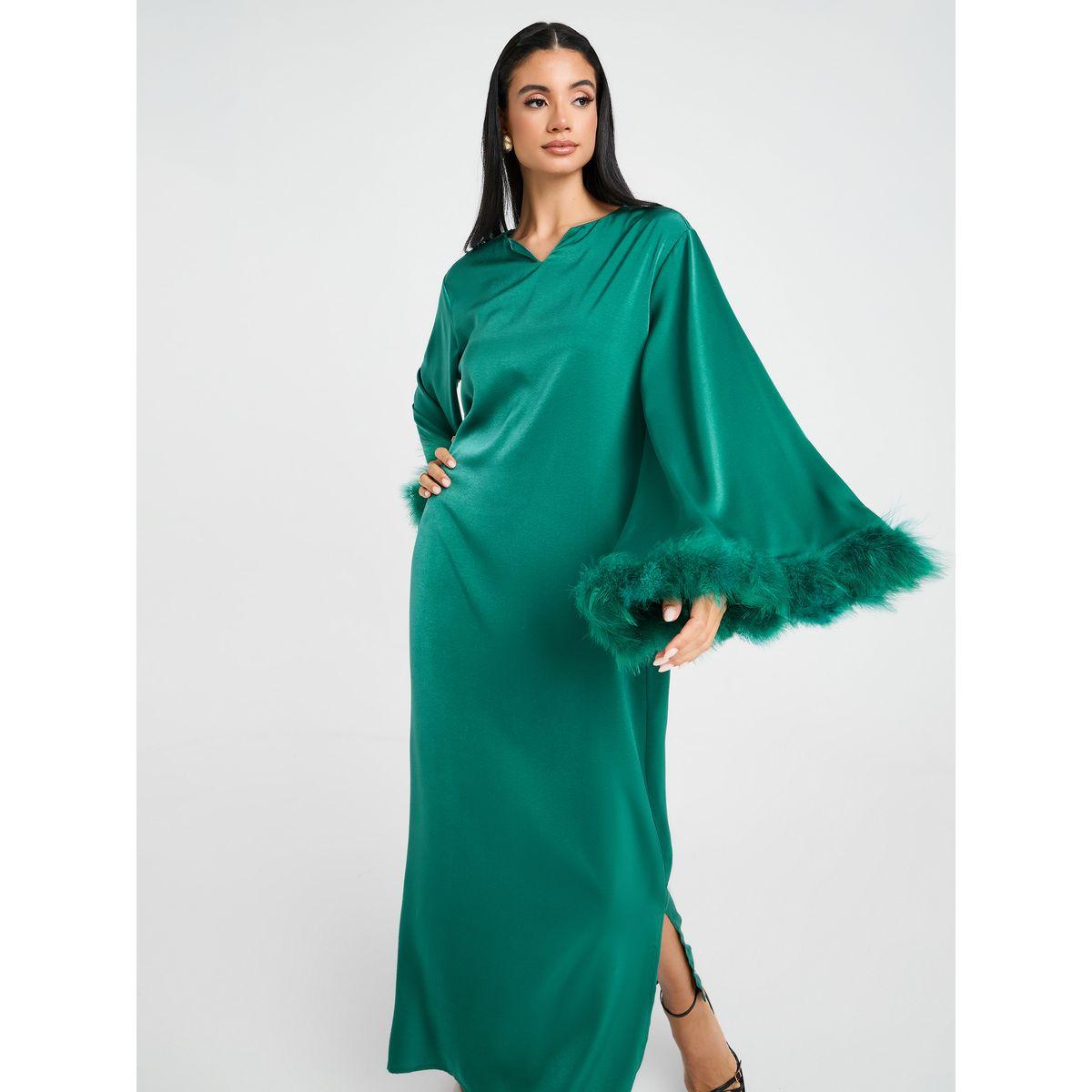 فستان طويل مزين بفرو صناعي-women-clothing-dresses-image-2