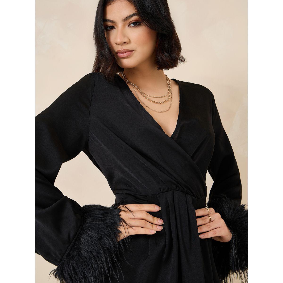 Styli Faux Feather Trumpet Sleeve Wrap Front Midi Dress-women-clothing-dresses-image-3
