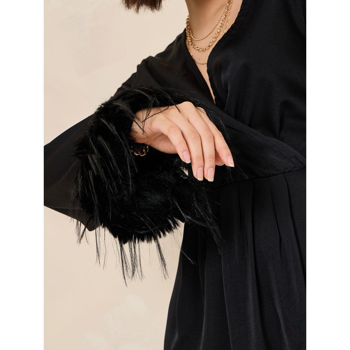Styli Faux Feather Trumpet Sleeve Wrap Front Midi Dress-women-clothing-dresses-image-4