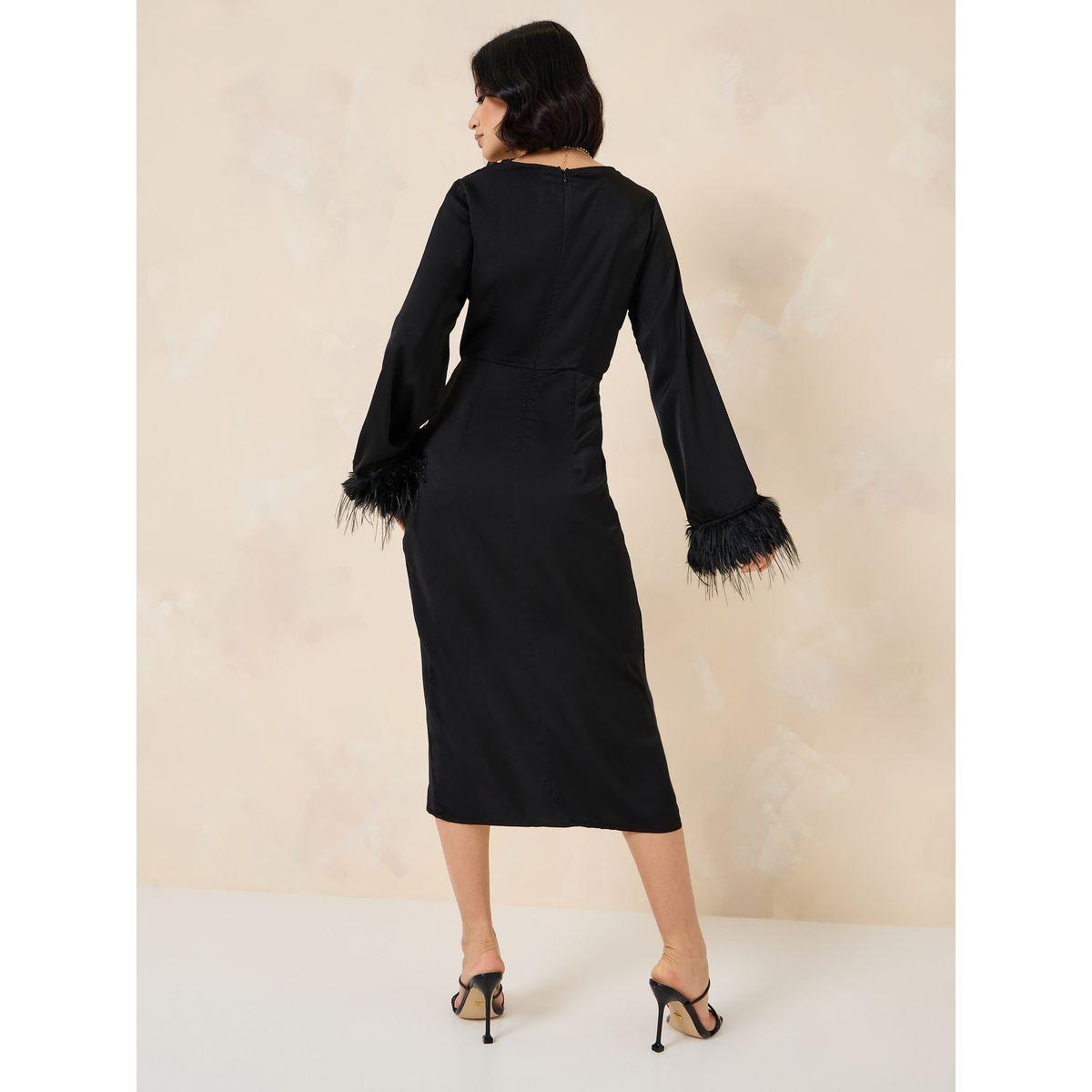 Styli Faux Feather Trumpet Sleeve Wrap Front Midi Dress-women-clothing-dresses-image-5