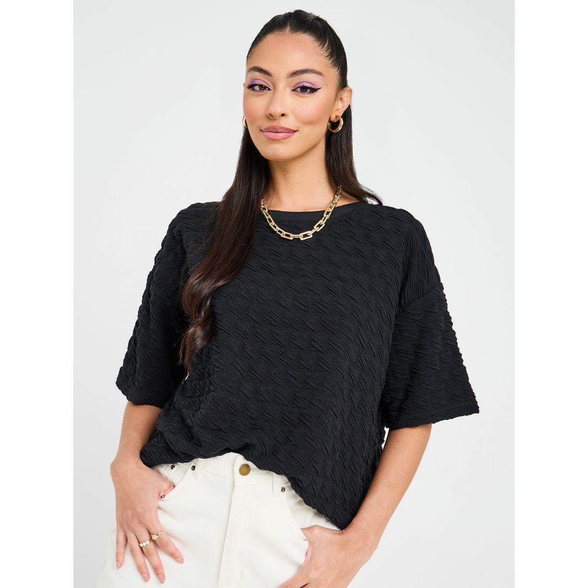 Styli Textured Round Neck Oversized Top-women-clothing-tshirts-image-1