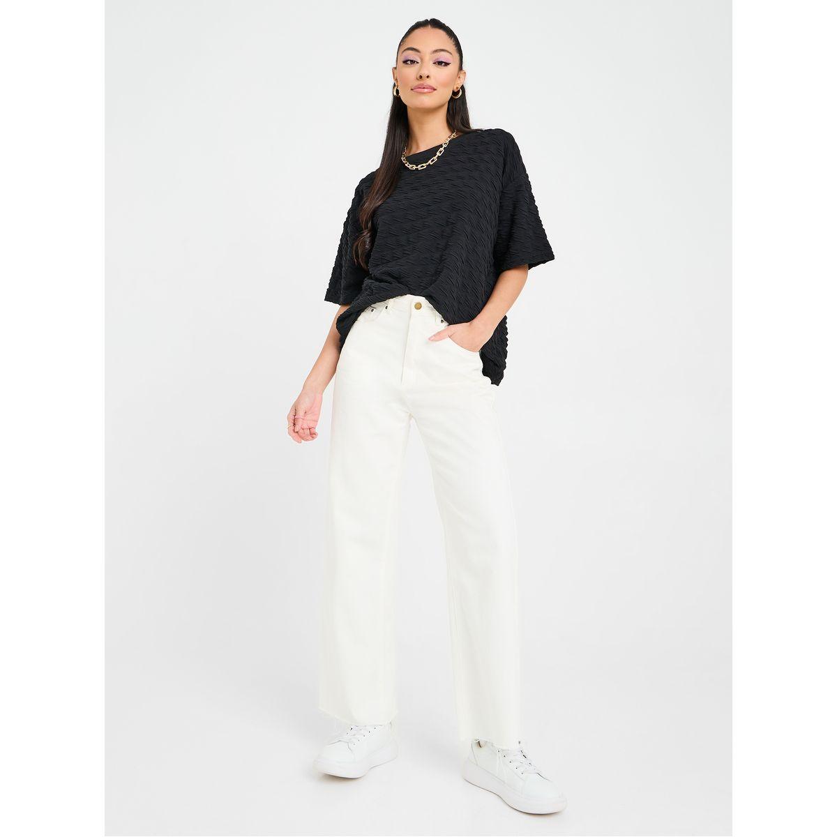 Styli Textured Round Neck Oversized Top-women-clothing-tshirts-image-2