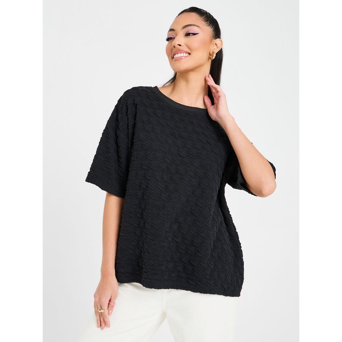 Styli Textured Round Neck Oversized Top-women-clothing-tshirts-image-3