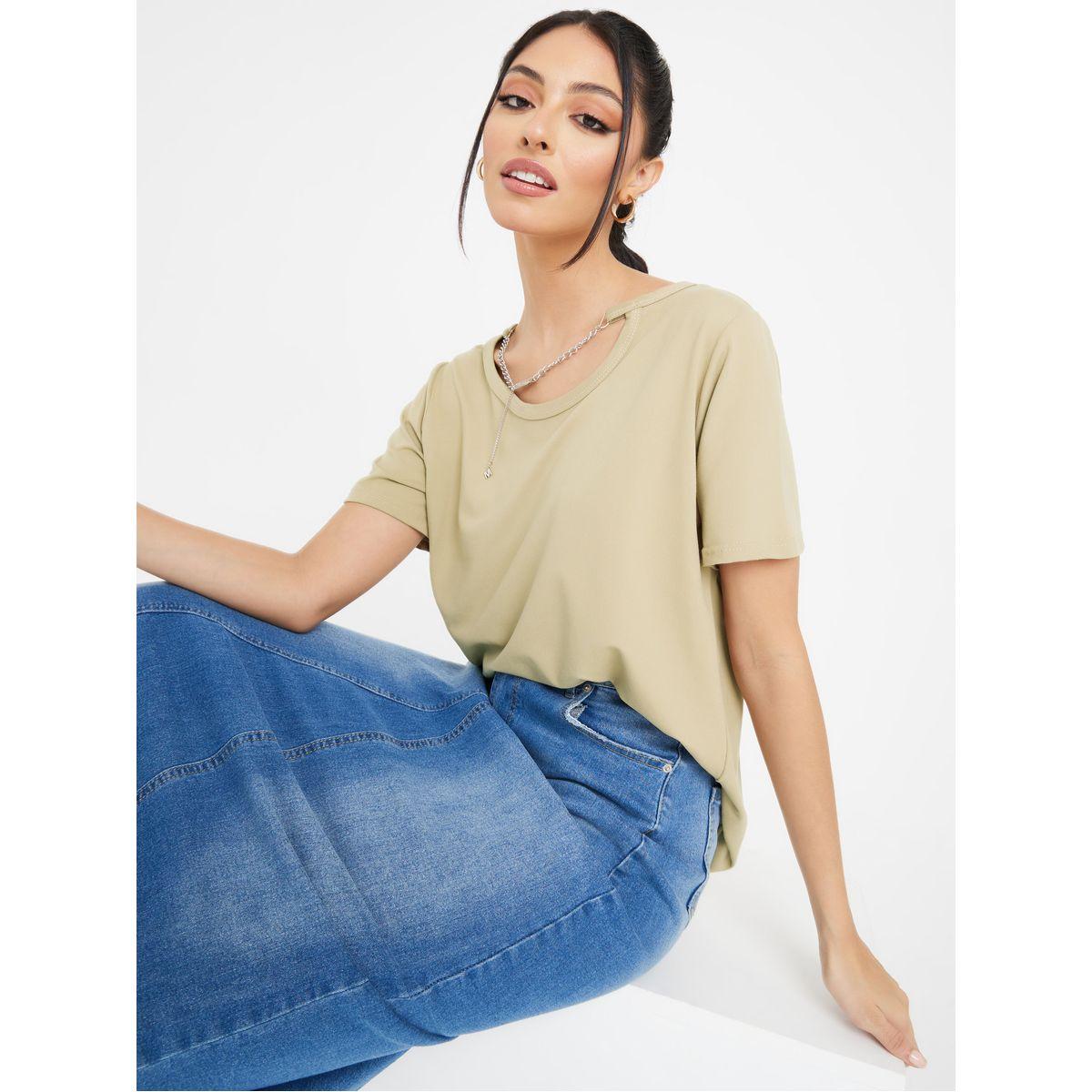 Styli Regular Fit Chain Detail Neck Solid T-Shirt-women-clothing-tshirts-image-1