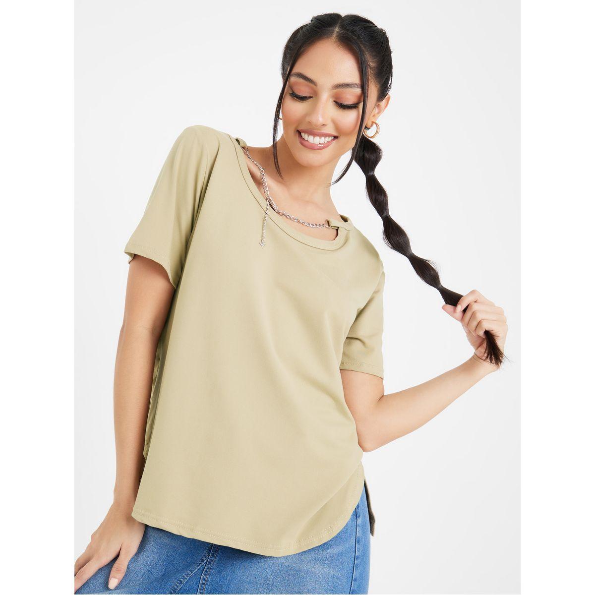 Styli Regular Fit Chain Detail Neck Solid T-Shirt-women-clothing-tshirts-image-2