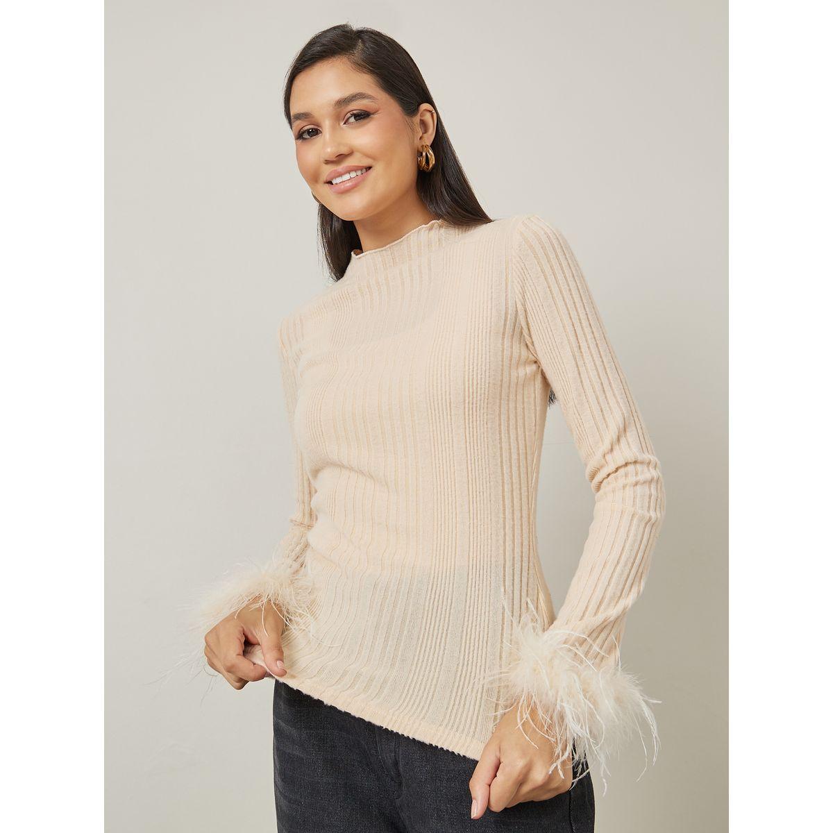 Styli Faux Fur Trim High Neck Fitted Knit Top-women-clothing-shirtsandblouses-blouses-image-1