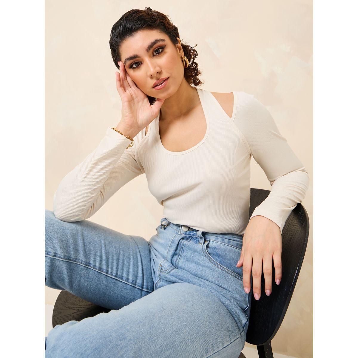 Styli Halter Neck Long Sleeve Ribbed Fitted Top-women-clothing-shirtsandblouses-blouses-image-1