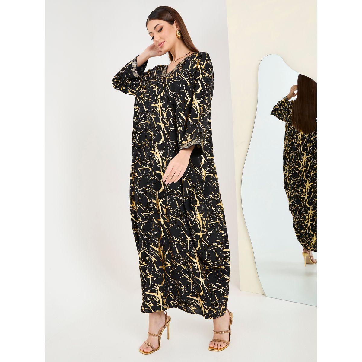 قفطان بطبعة فويل ومزين بالترتر-women-arabicclothing-kaftan-image-1