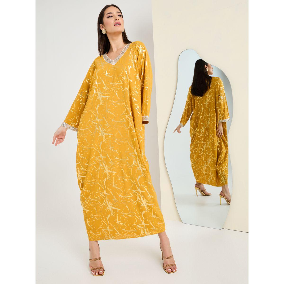 قفطان بطبعة فويل ومزين بالترتر-women-arabicclothing-kaftan-image-1