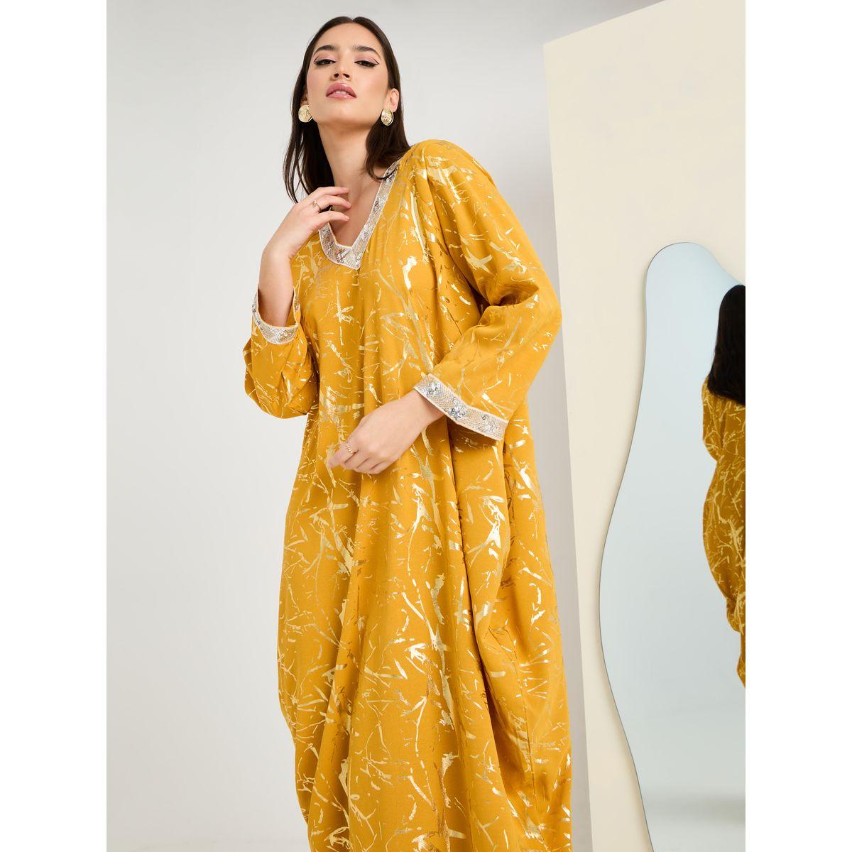 Styli Foil Print Kaftan With Sequin Trim-women-arabicclothing-kaftan-image-2