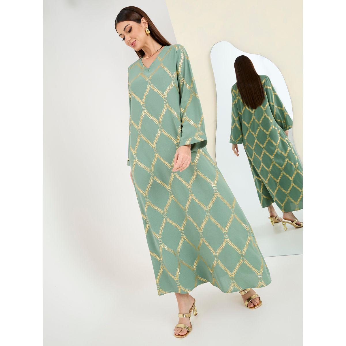 Styli Gold Foil Print Jalabiya-women-arabicclothing-jalabiyas-image-1