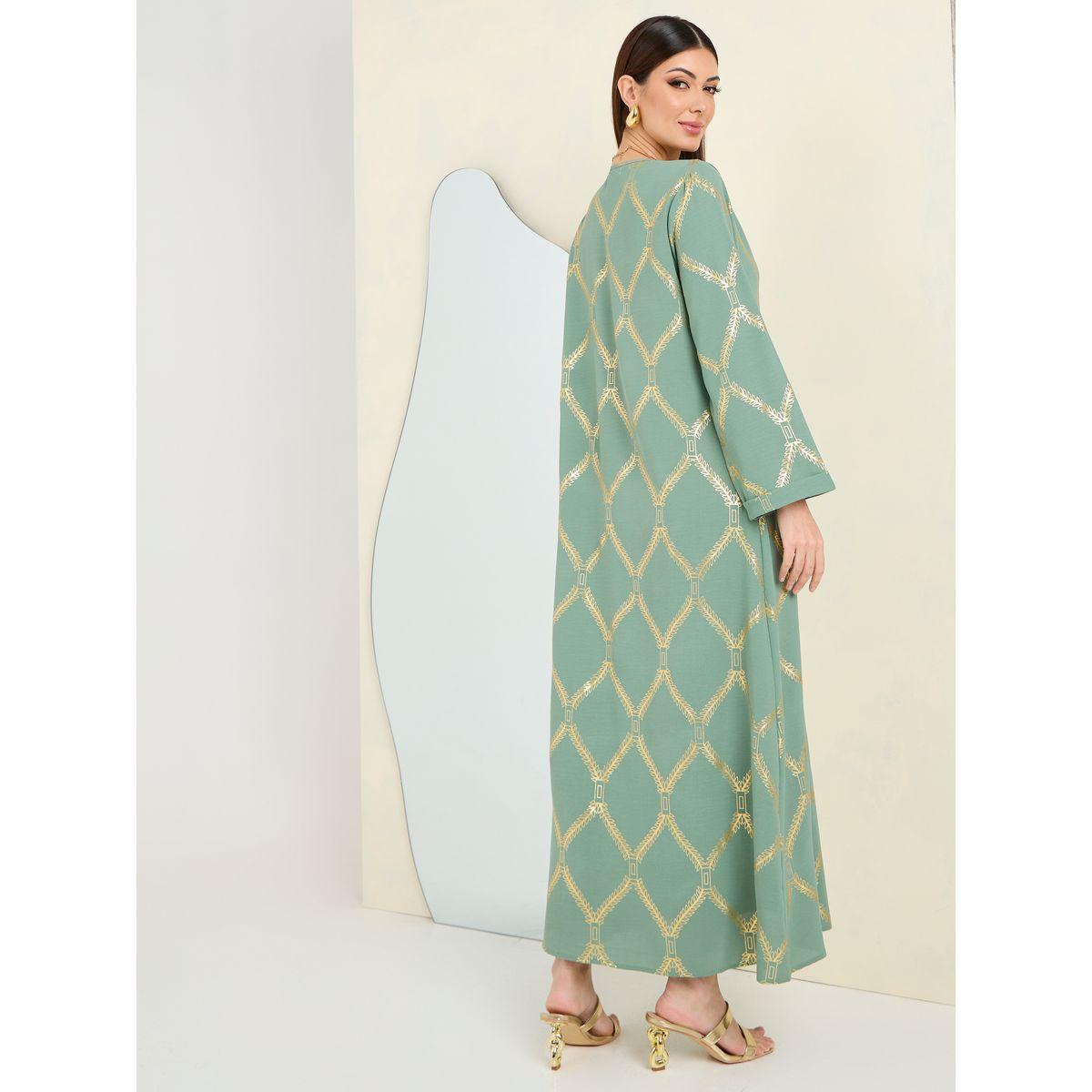 Styli Gold Foil Print Jalabiya-women-arabicclothing-jalabiyas-image-4