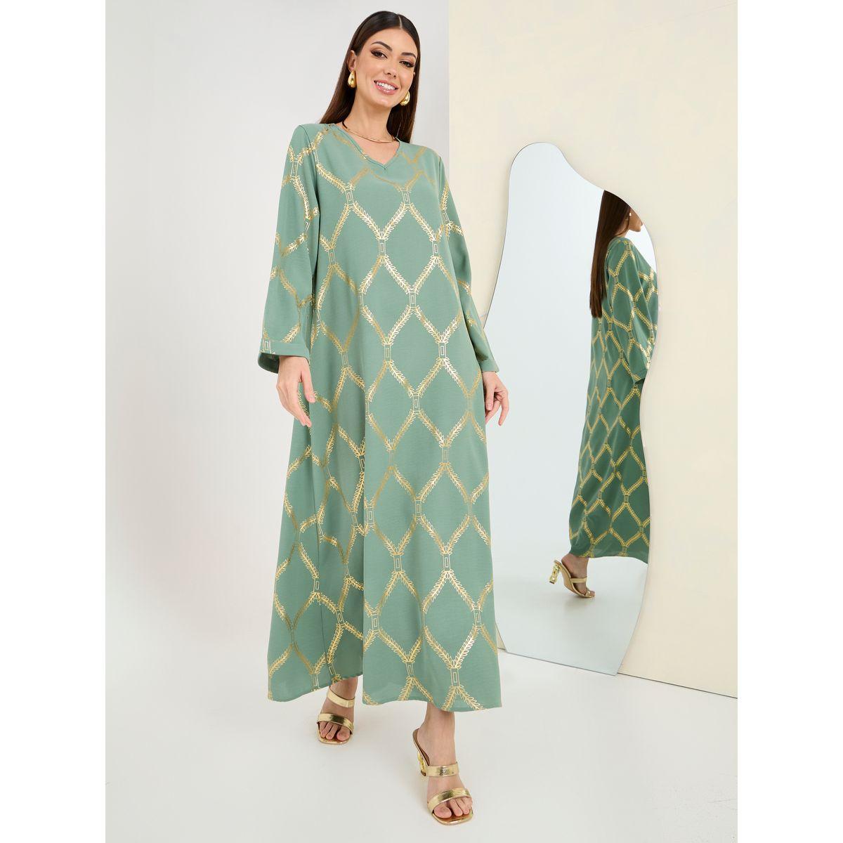 Styli Gold Foil Print Jalabiya-women-arabicclothing-jalabiyas-image-5