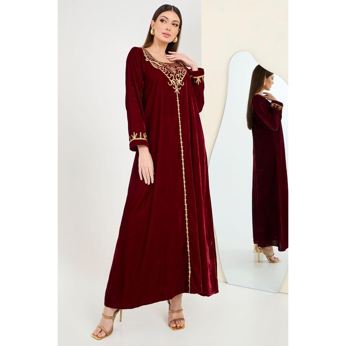 Styli Embroidery Panel Velvet Kaftan-women-arabicclothing-kaftan-image-1