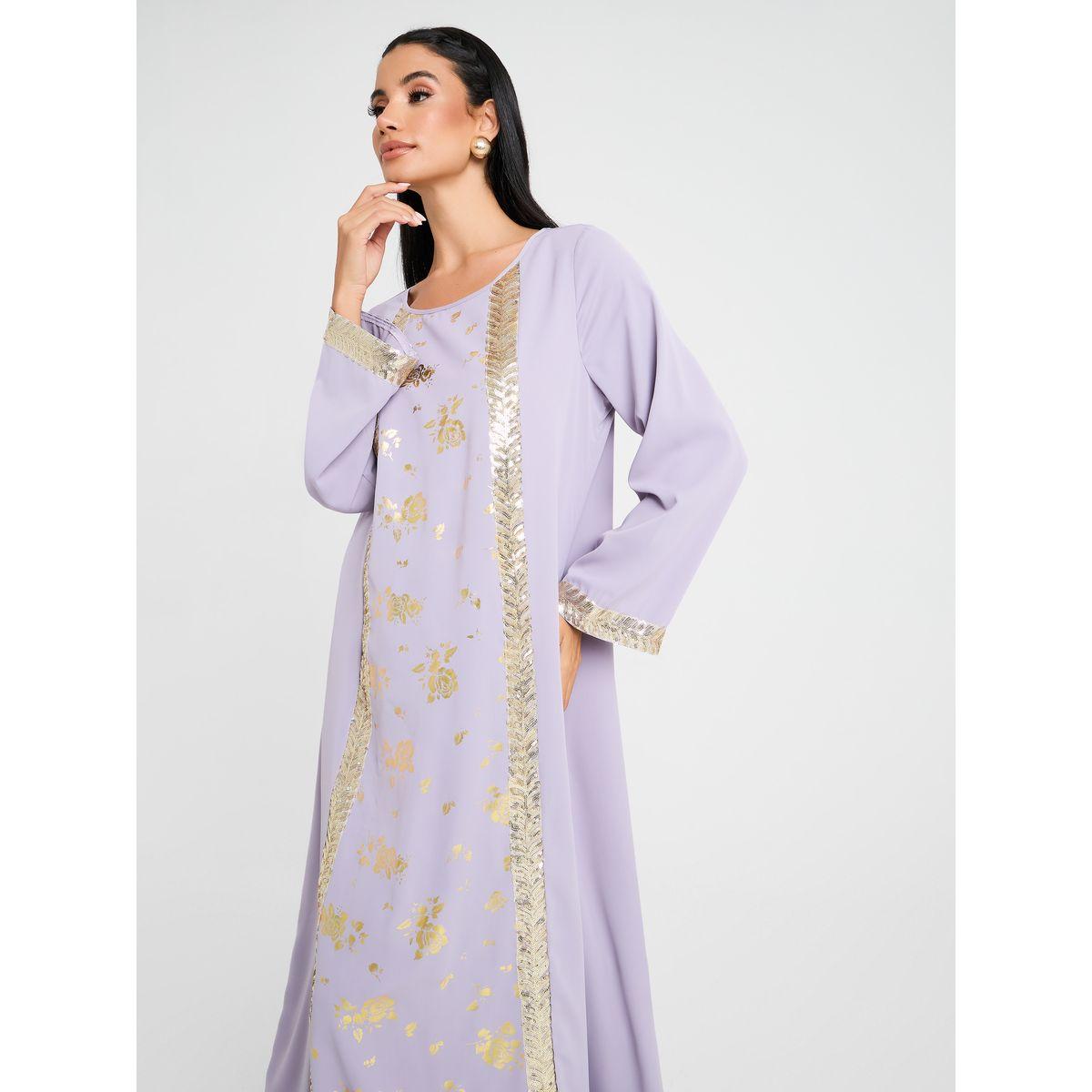 Styli Gold Foil Print Jalabiya With Sequins Detail-women-arabicclothing-jalabiyas-image-2