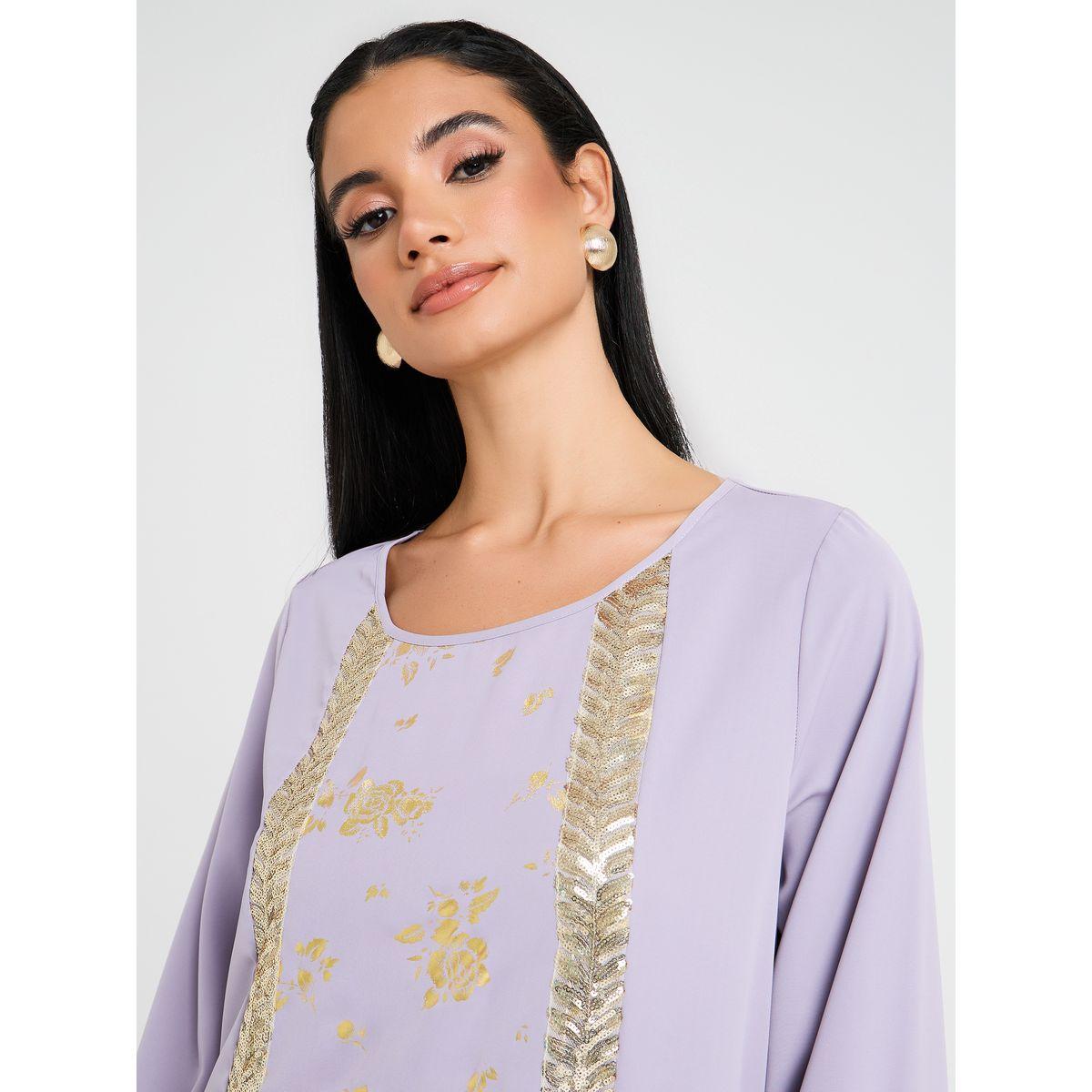 Styli Gold Foil Print Jalabiya With Sequins Detail-women-arabicclothing-jalabiyas-image-3