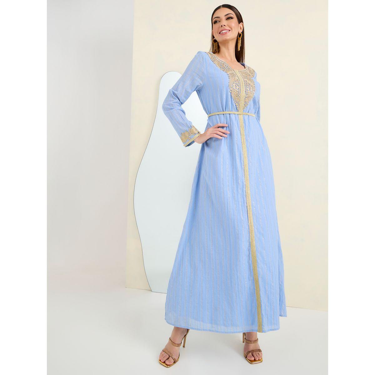 Styli Gold Lurex Kaftan with Lace Patch-women-arabicclothing-kaftan-image-1