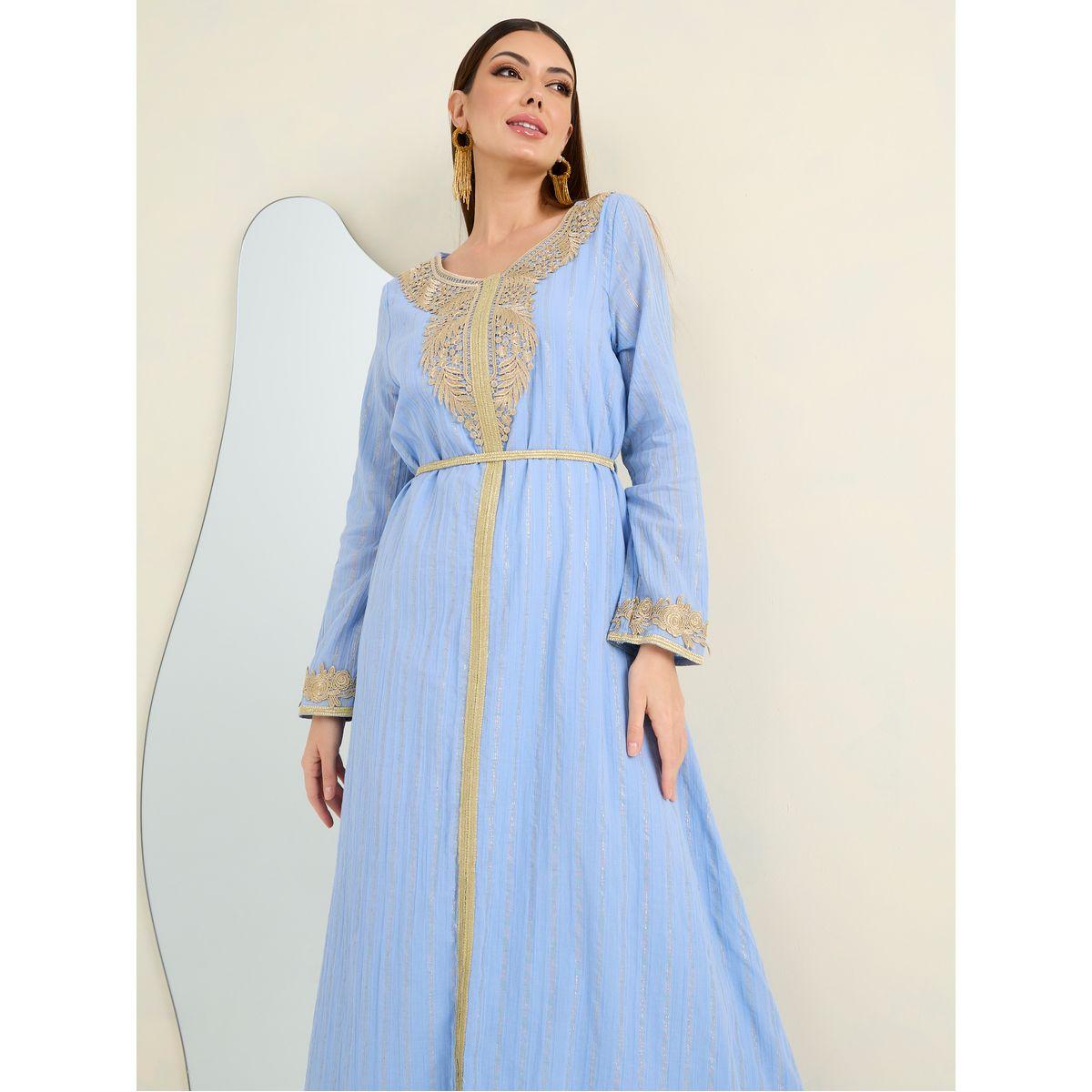 Styli Gold Lurex Kaftan with Lace Patch-women-arabicclothing-kaftan-image-2