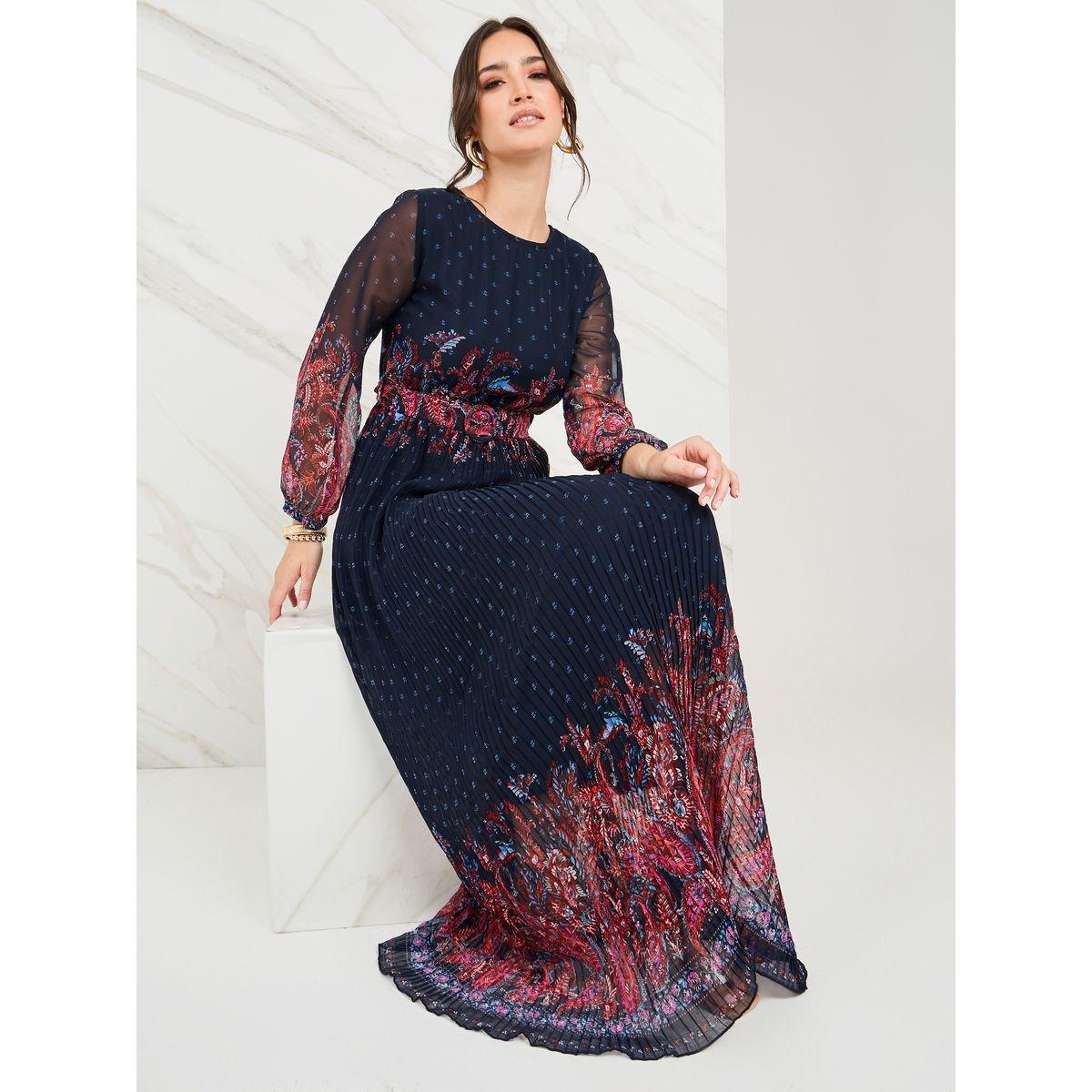 فستان طويل بليسيه بحزام خصر-women-clothing-dresses-image-1