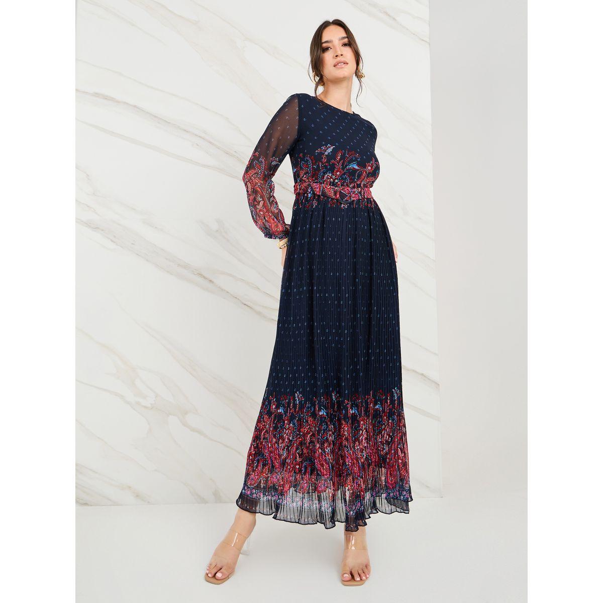 فستان طويل بليسيه بحزام خصر-women-clothing-dresses-image-2