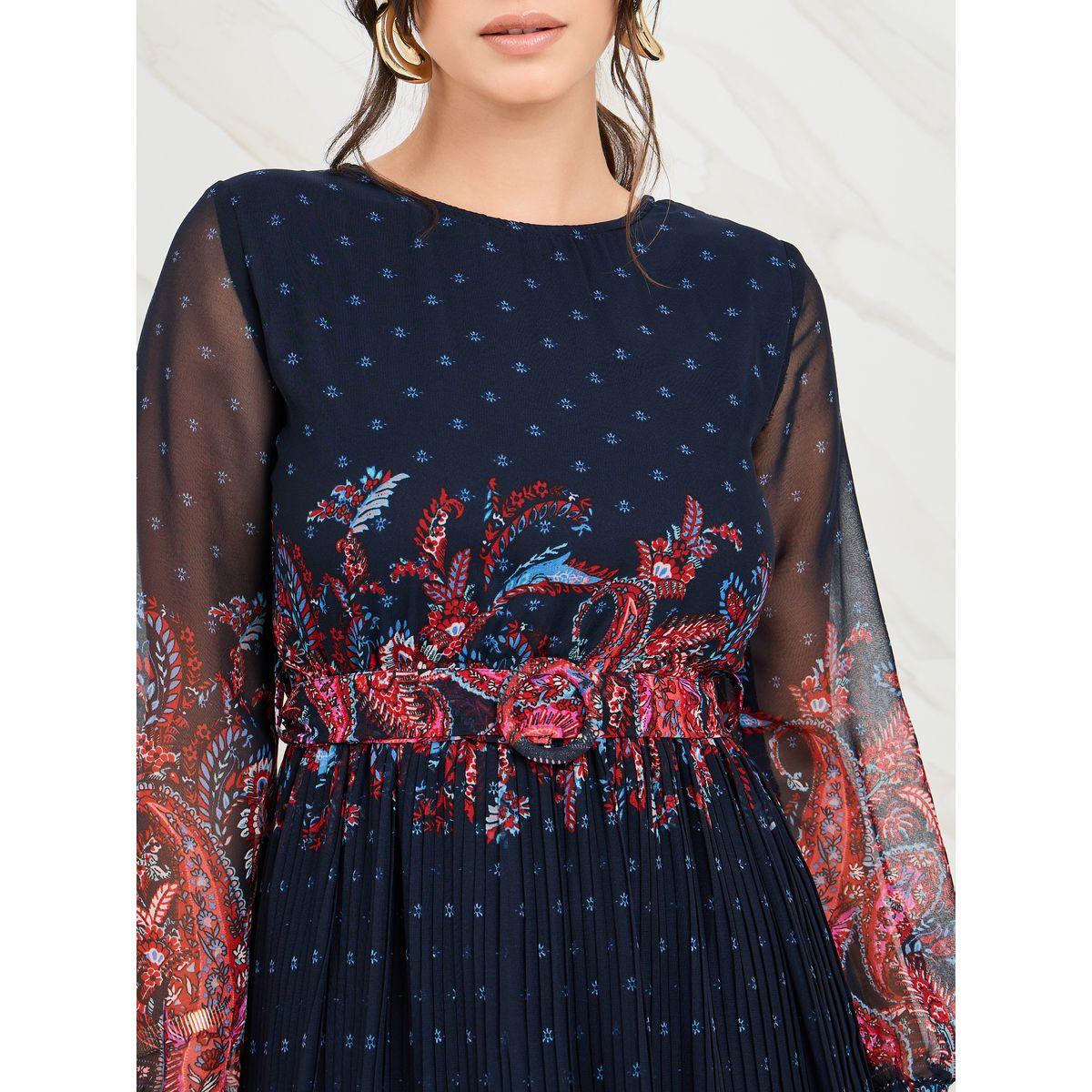 فستان طويل بليسيه بحزام خصر-women-clothing-dresses-image-4