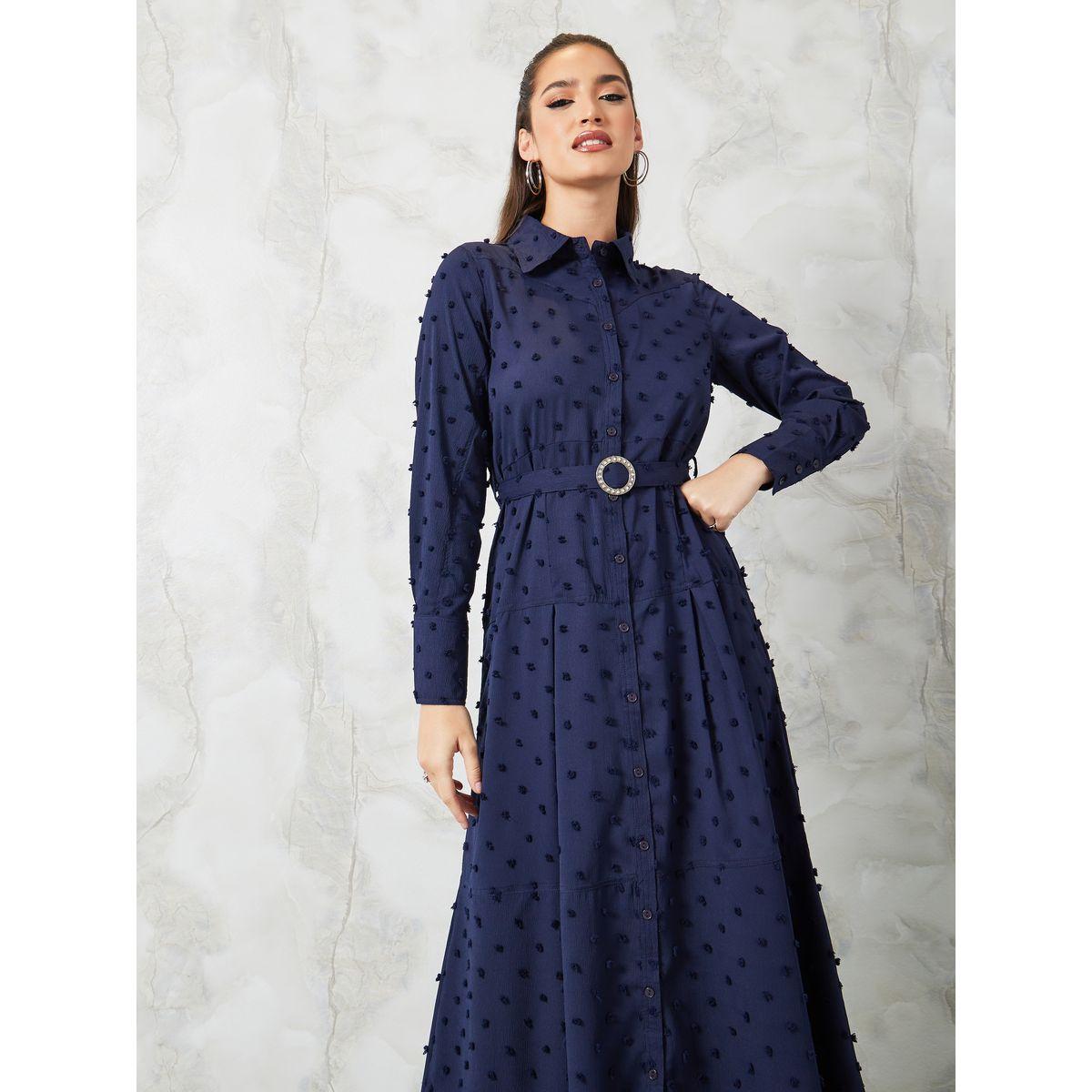 Styli Dobby Spot Belted Shirt Maxi Dress-women-clothing-dresses-image-2