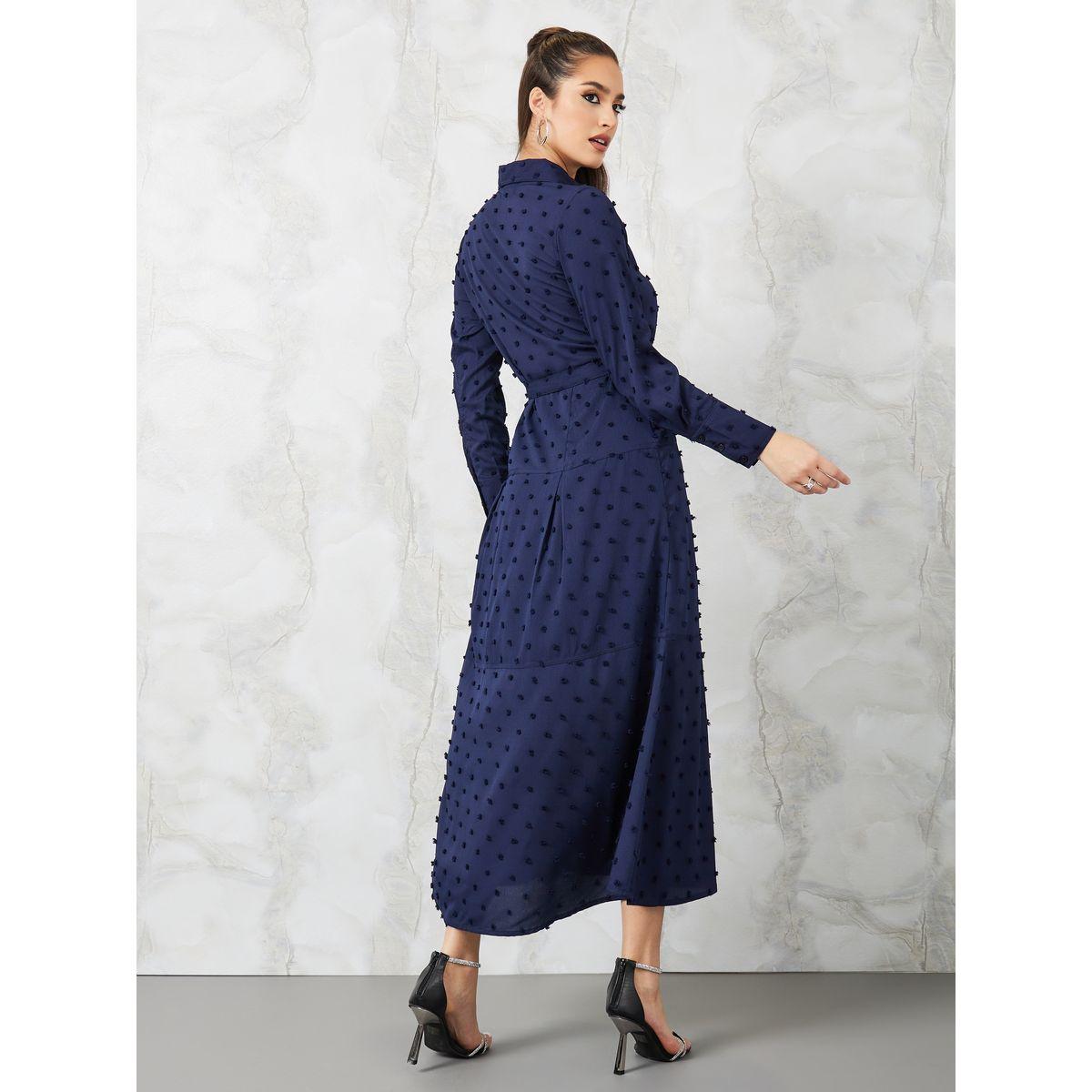 Styli Dobby Spot Belted Shirt Maxi Dress-women-clothing-dresses-image-4
