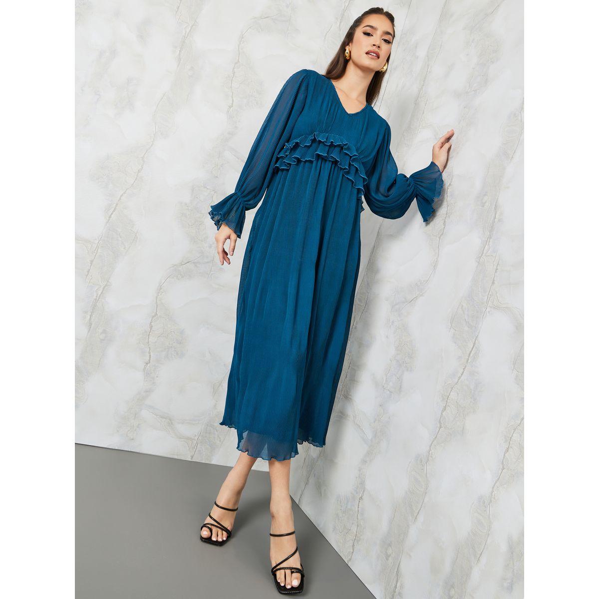 Styli Ruffled Waist Plisse A-Line Maxi Dress-women-clothing-dresses-image-1