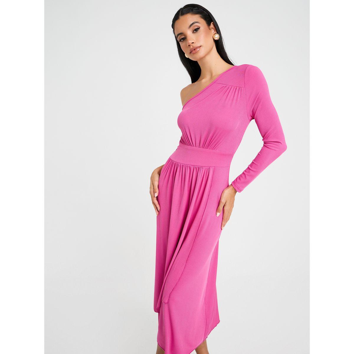 Styli One Shoulder Neck Ribbed A-Line Midi Dress-women-clothing-dresses-image-2