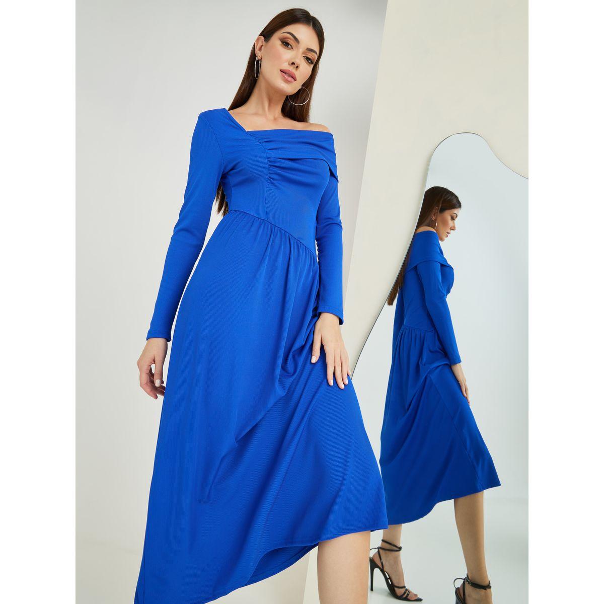 Styli Asymmetric Neck Gathered Midi Dress-women-clothing-dresses-image-1