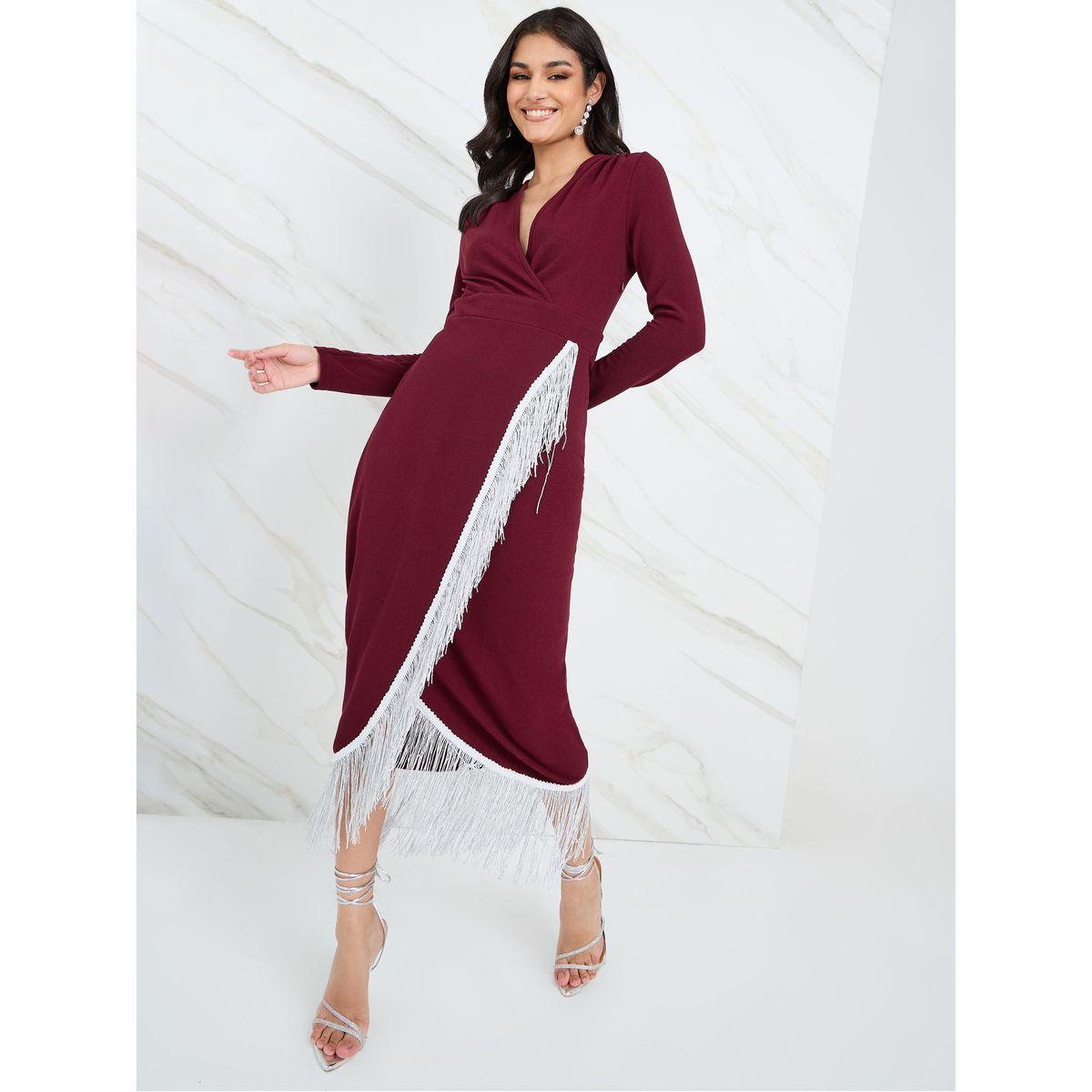 Styli Fringe Edge Wrap Front Bodycon Midi Dress-women-clothing-dresses-image-2