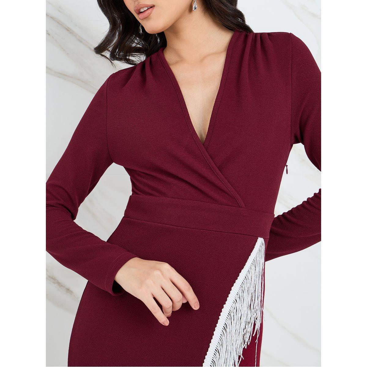 Styli Fringe Edge Wrap Front Bodycon Midi Dress-women-clothing-dresses-image-3