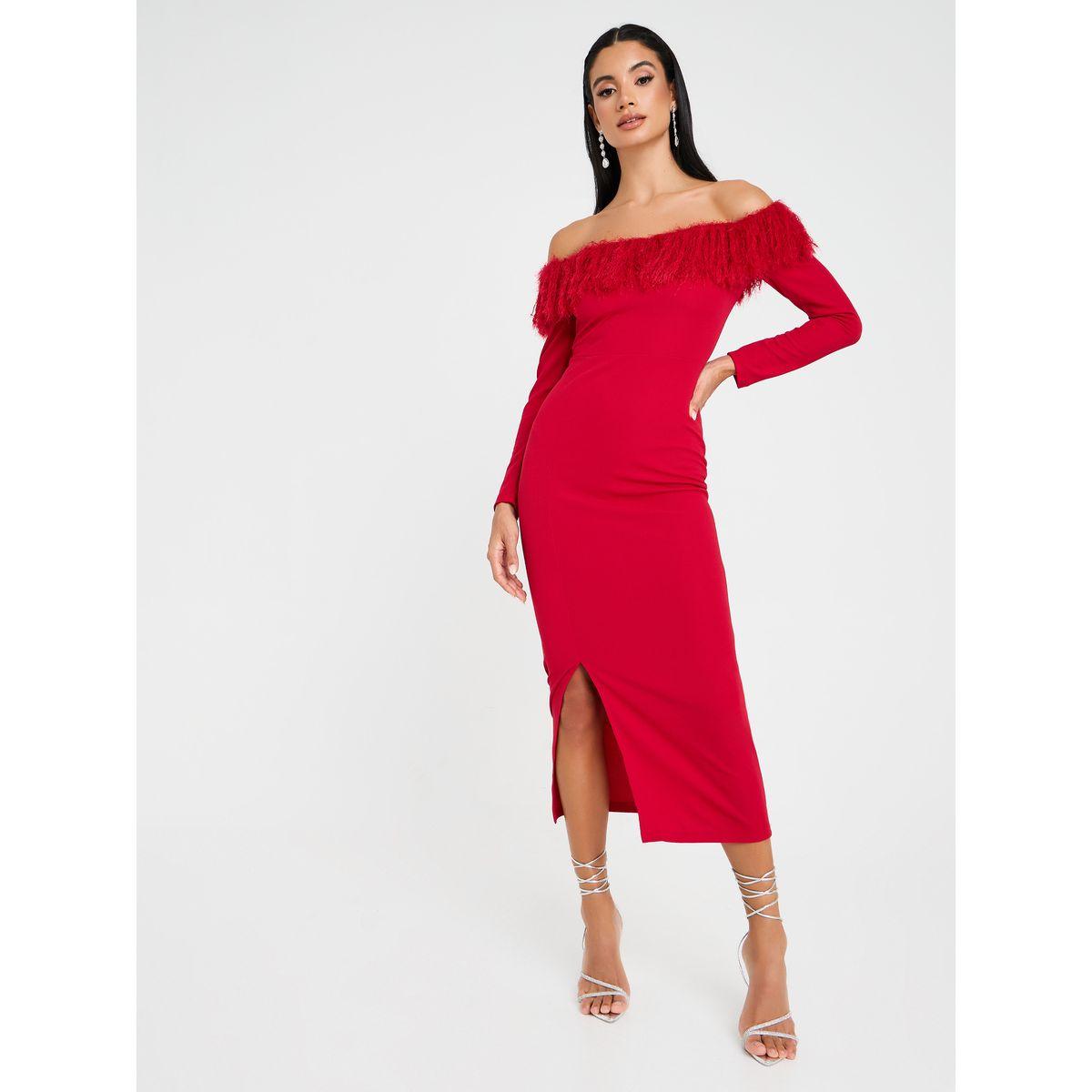 Styli Slitted Off Shoulder Midi Dress With Faux Fur Trim-women-clothing-dresses-image-1