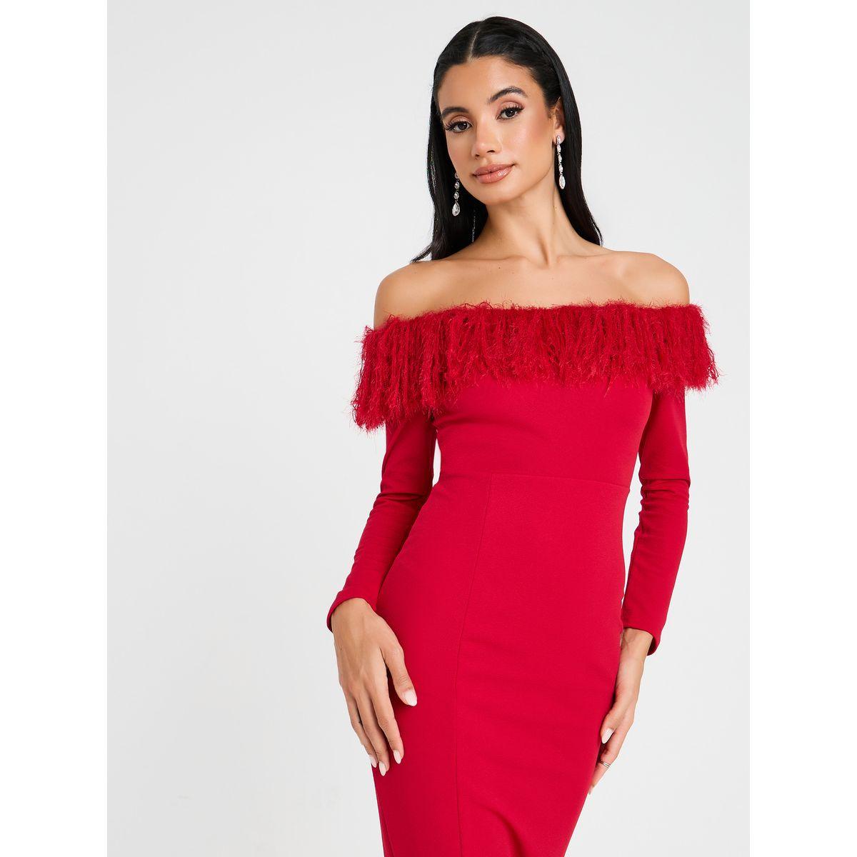 Styli Slitted Off Shoulder Midi Dress With Faux Fur Trim-women-clothing-dresses-image-2
