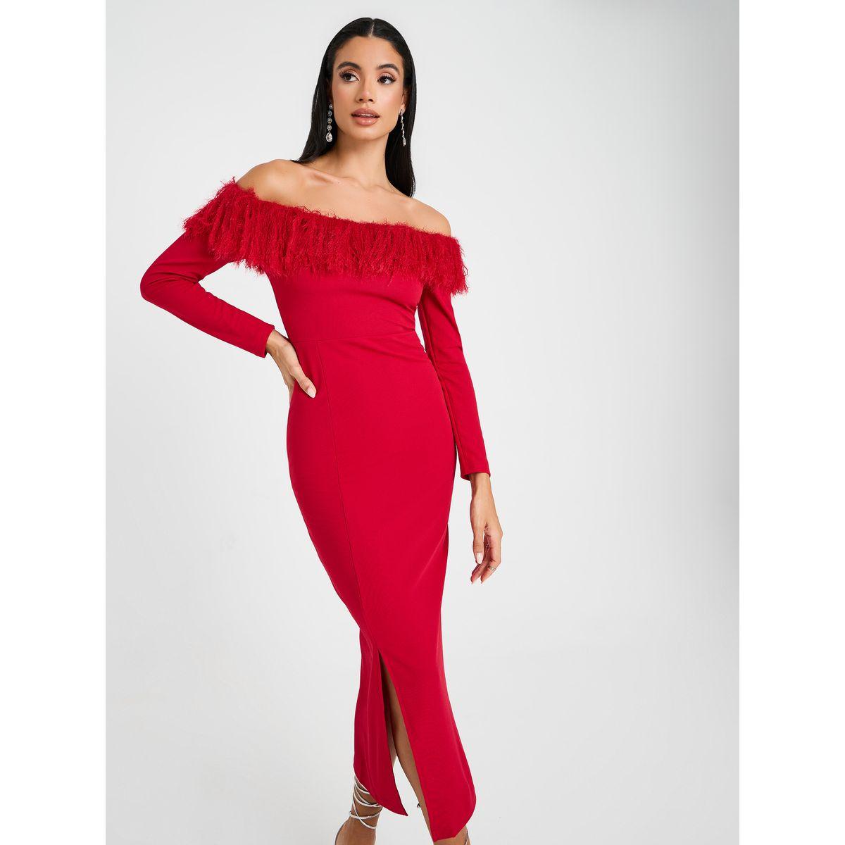 Styli Slitted Off Shoulder Midi Dress With Faux Fur Trim-women-clothing-dresses-image-3