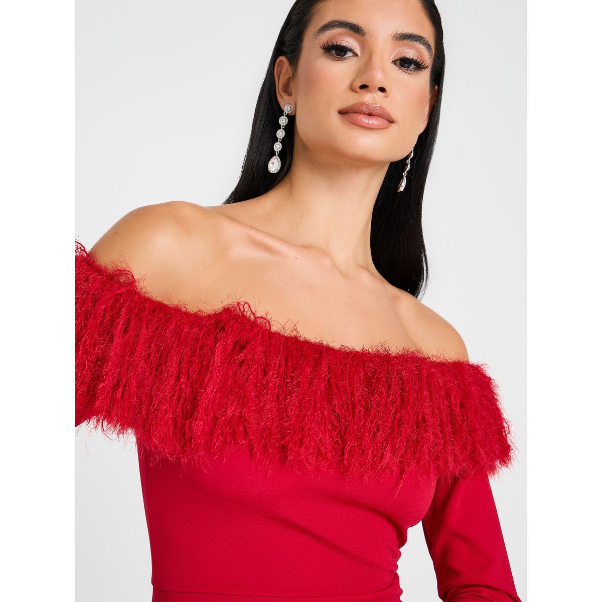 Styli Slitted Off Shoulder Midi Dress With Faux Fur Trim-women-clothing-dresses-image-4
