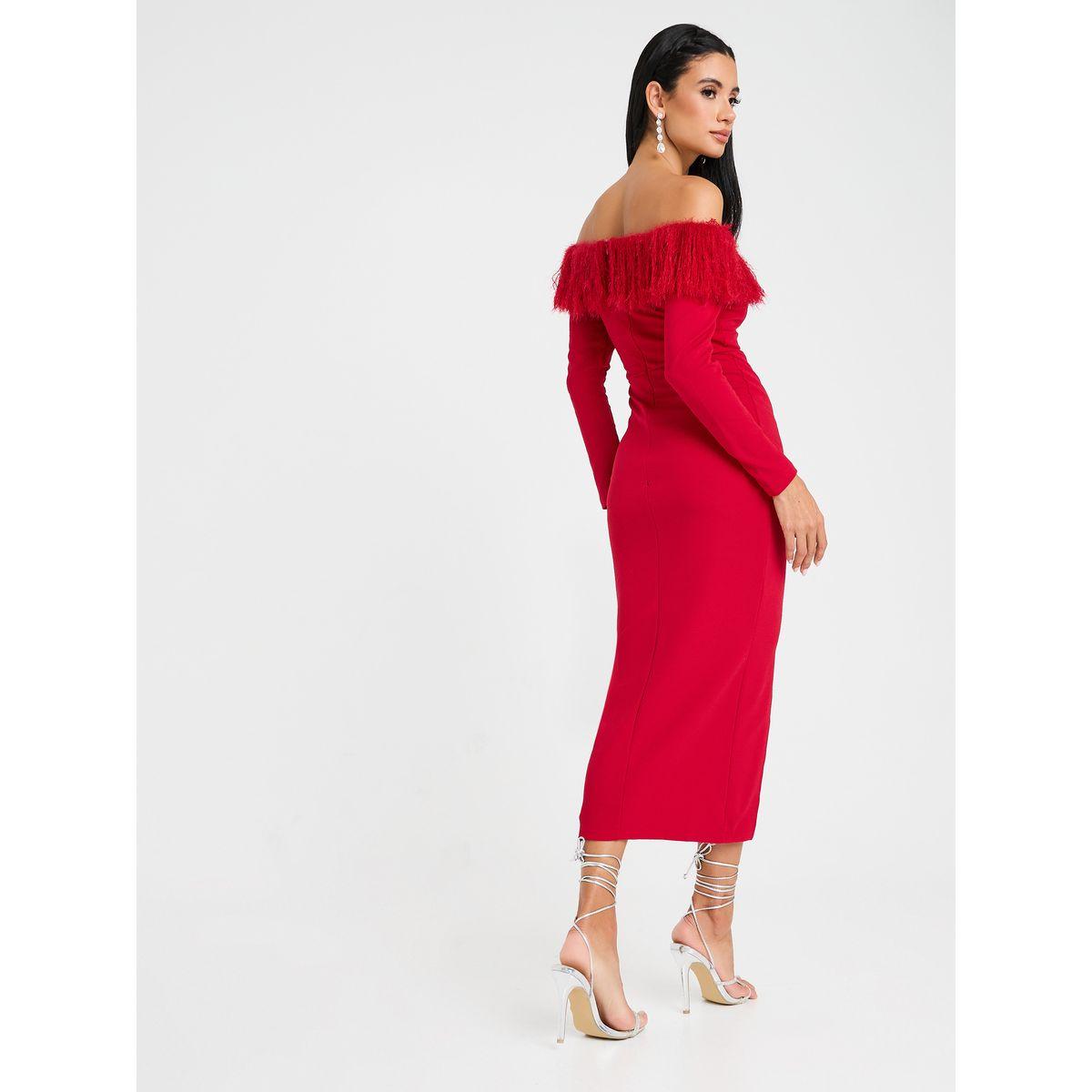 Styli Slitted Off Shoulder Midi Dress With Faux Fur Trim-women-clothing-dresses-image-5