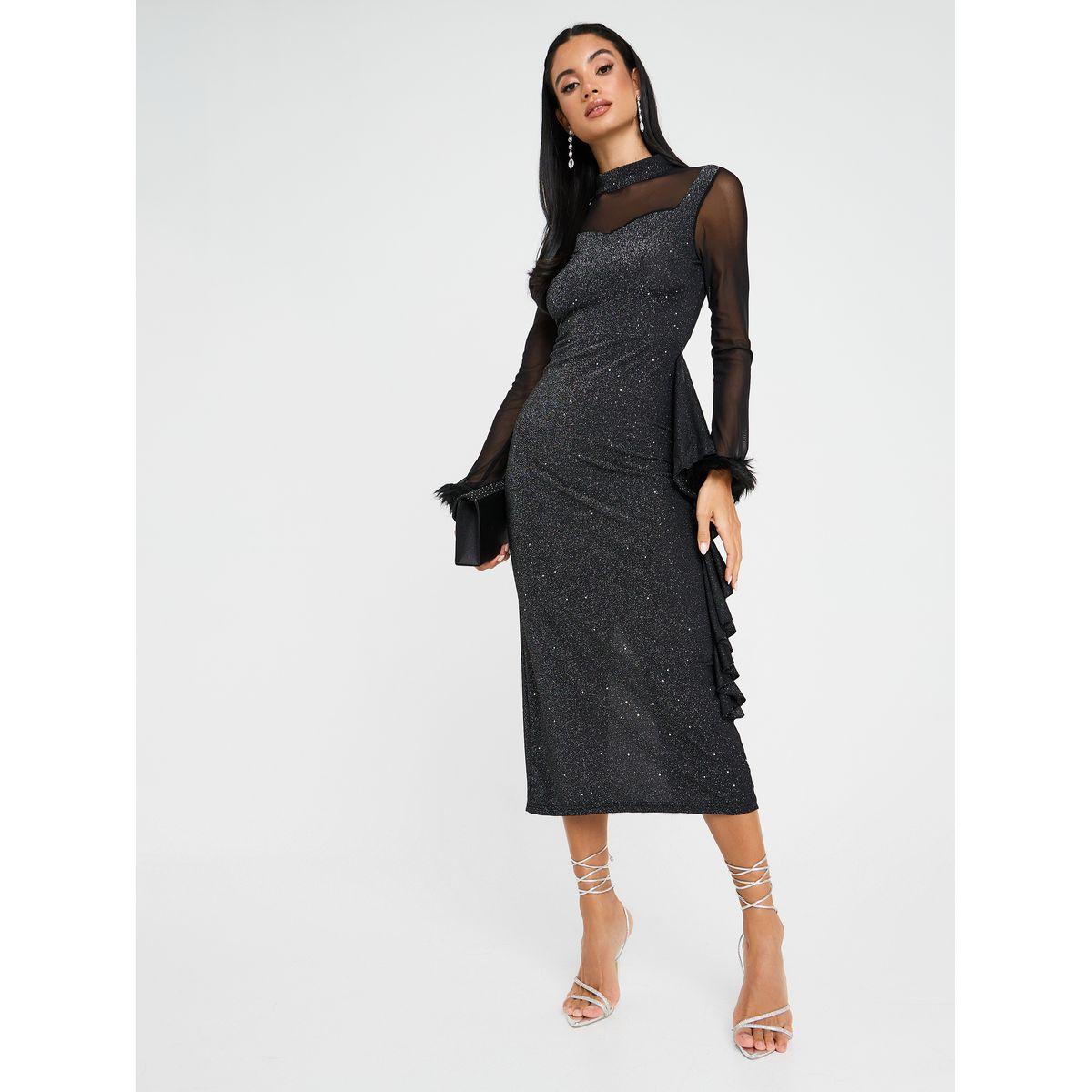 Styli Mesh Bodycon Midi Dress with Ruffled Edge-women-clothing-dresses-image-1