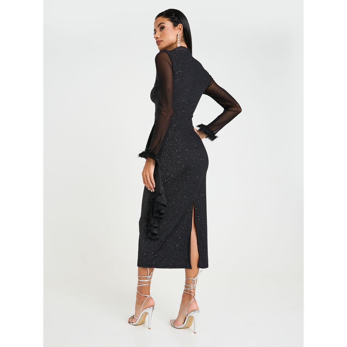 Styli Mesh Bodycon Midi Dress with Ruffled Edge-women-clothing-dresses-image-5