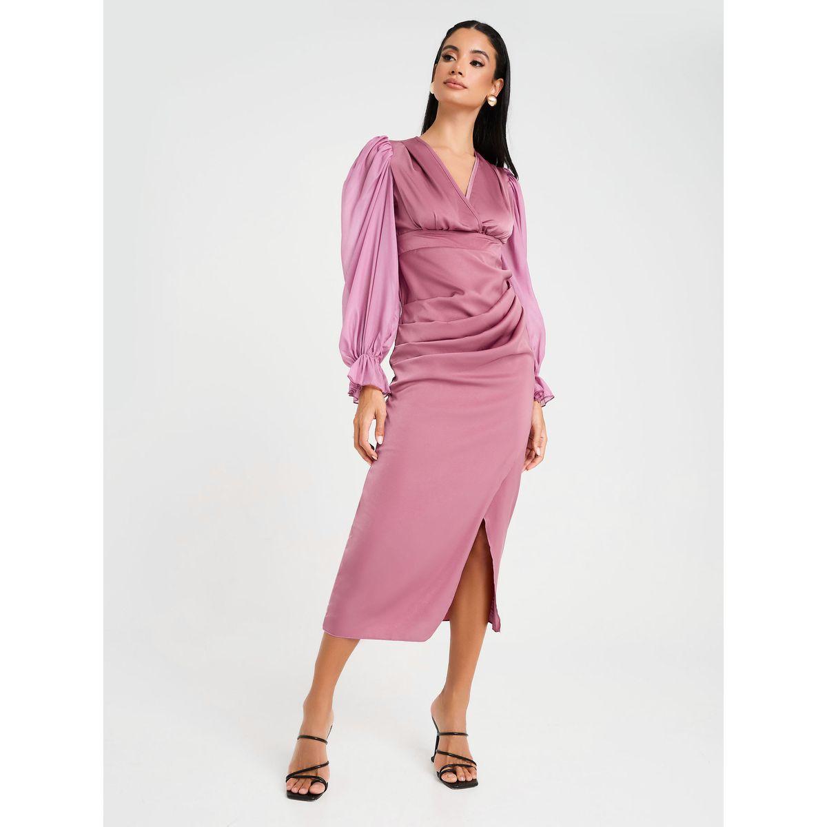 Styli Puff Sleeve Wrap Front Sheath Midi Dress-women-clothing-dresses-image-1