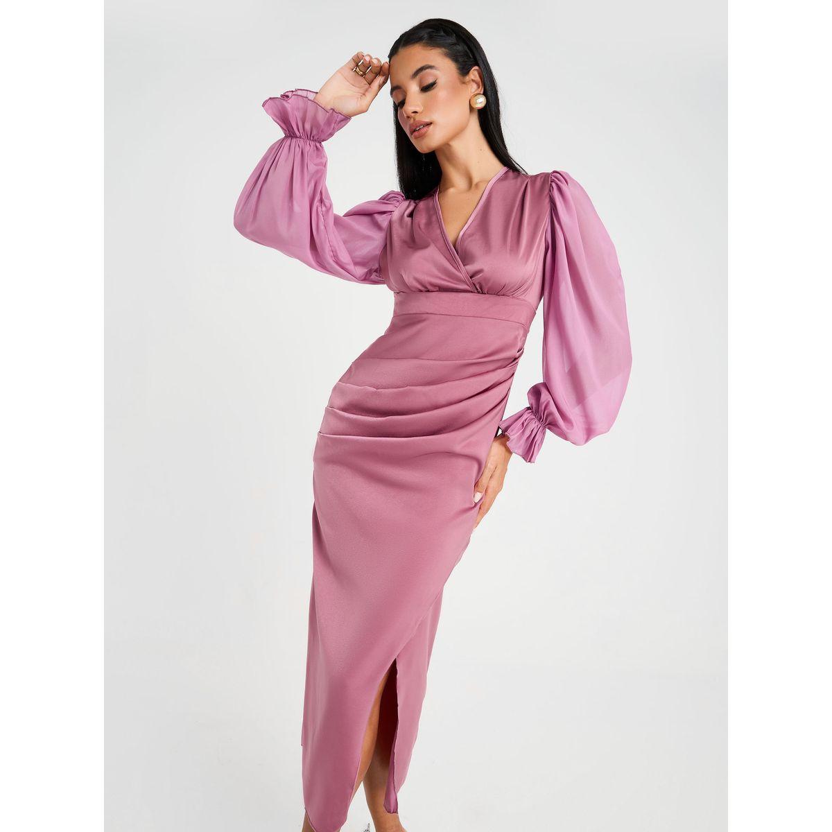 Styli Puff Sleeve Wrap Front Sheath Midi Dress-women-clothing-dresses-image-2