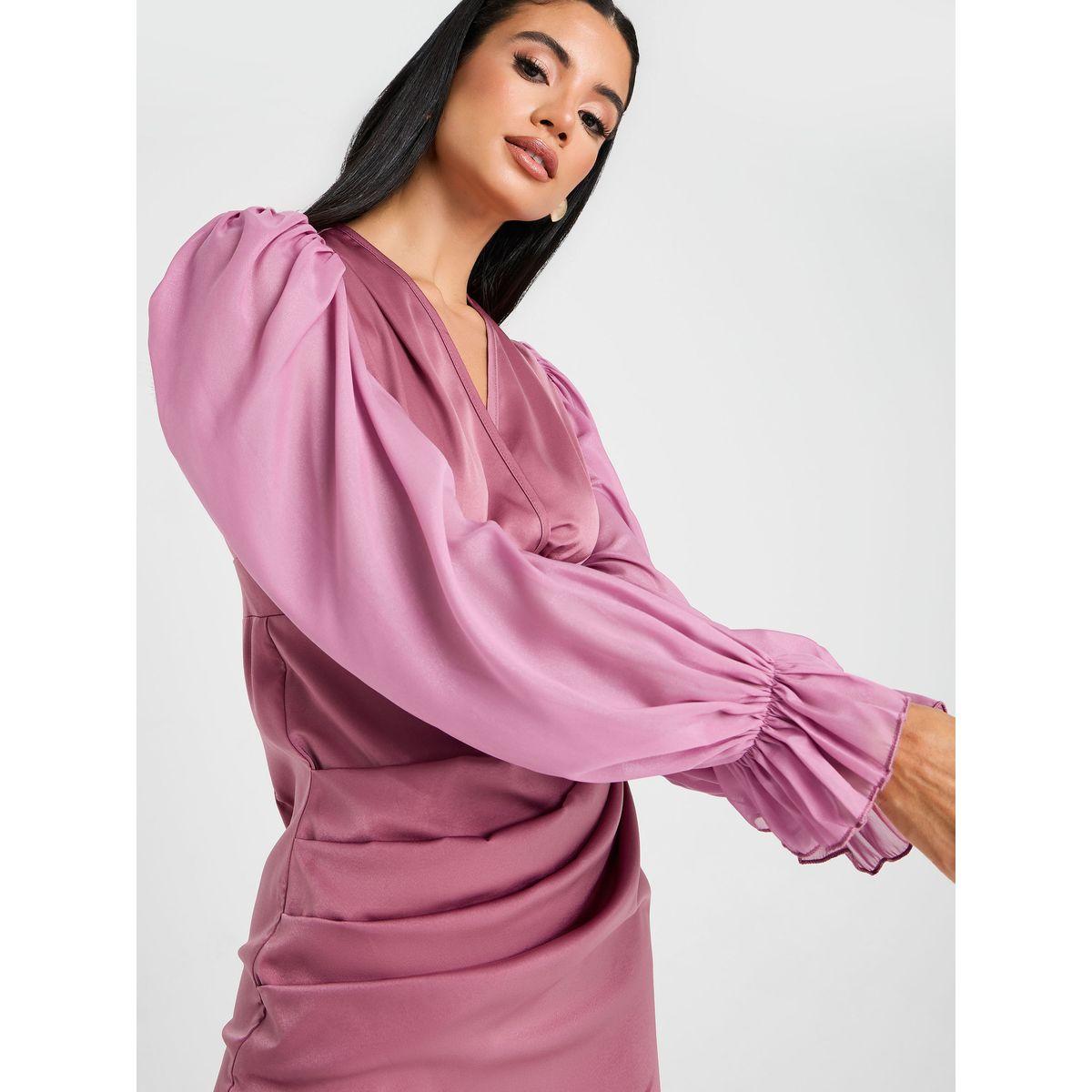 Styli Puff Sleeve Wrap Front Sheath Midi Dress-women-clothing-dresses-image-3