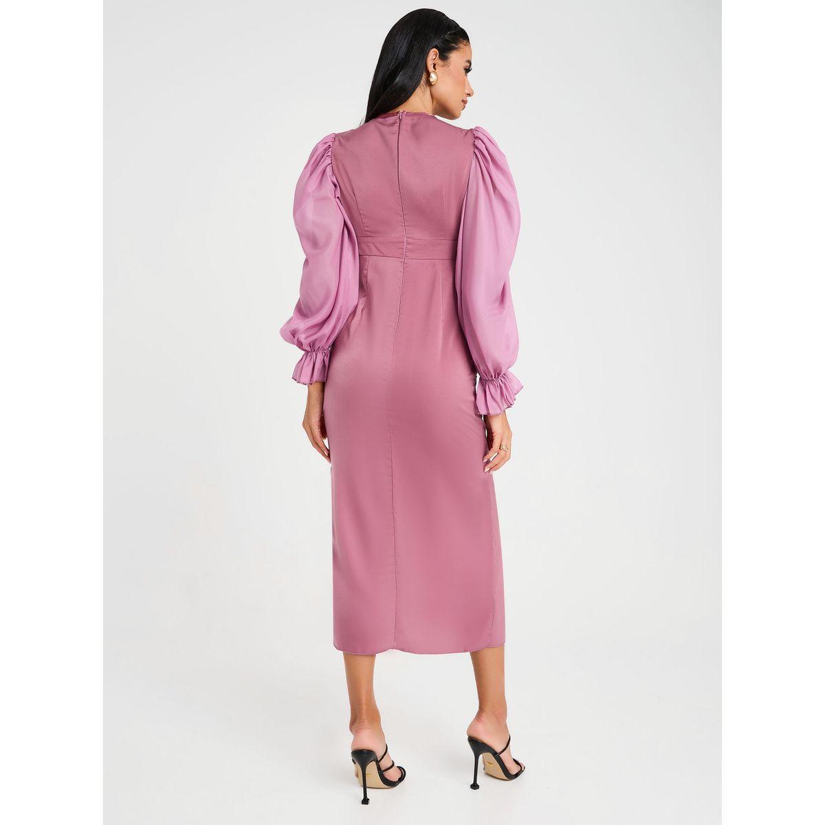 Styli Puff Sleeve Wrap Front Sheath Midi Dress-women-clothing-dresses-image-4