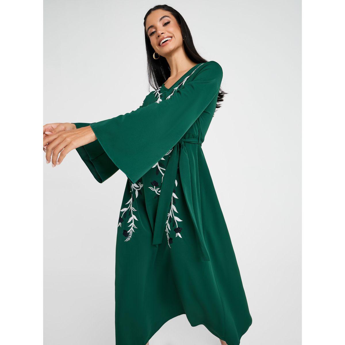 Styli A-Line Embroidered Midi Dress With Tie Up Detail-women-clothing-dresses-image-2