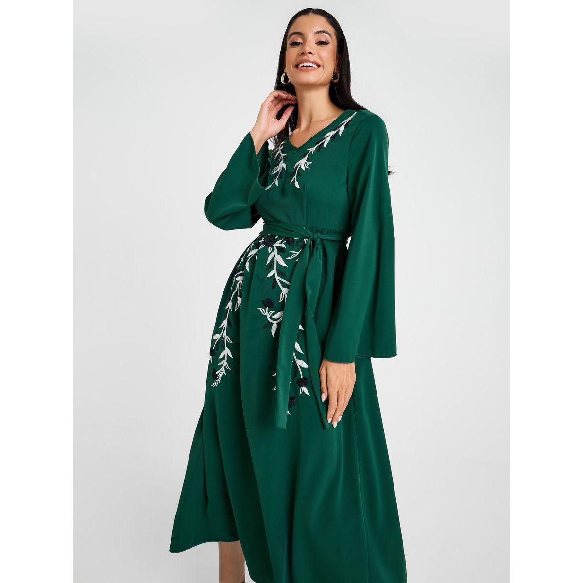 Styli A-Line Embroidered Midi Dress With Tie Up Detail-women-clothing-dresses-image-3