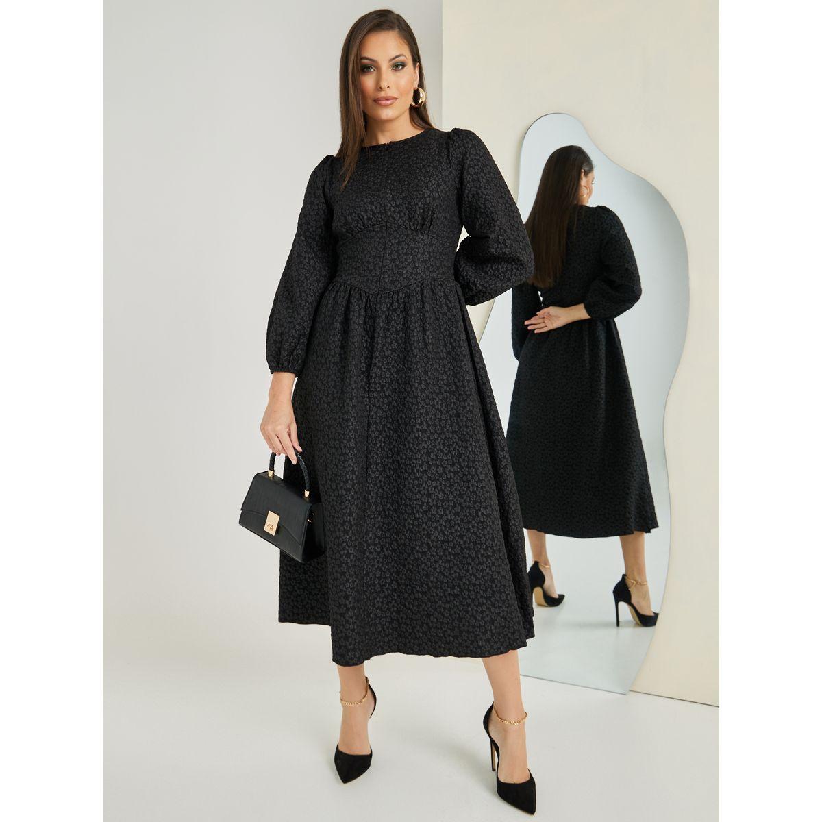 Styli Floral Textured Fit and Flare A-Line Midi Dress-women-clothing-dresses-image-2