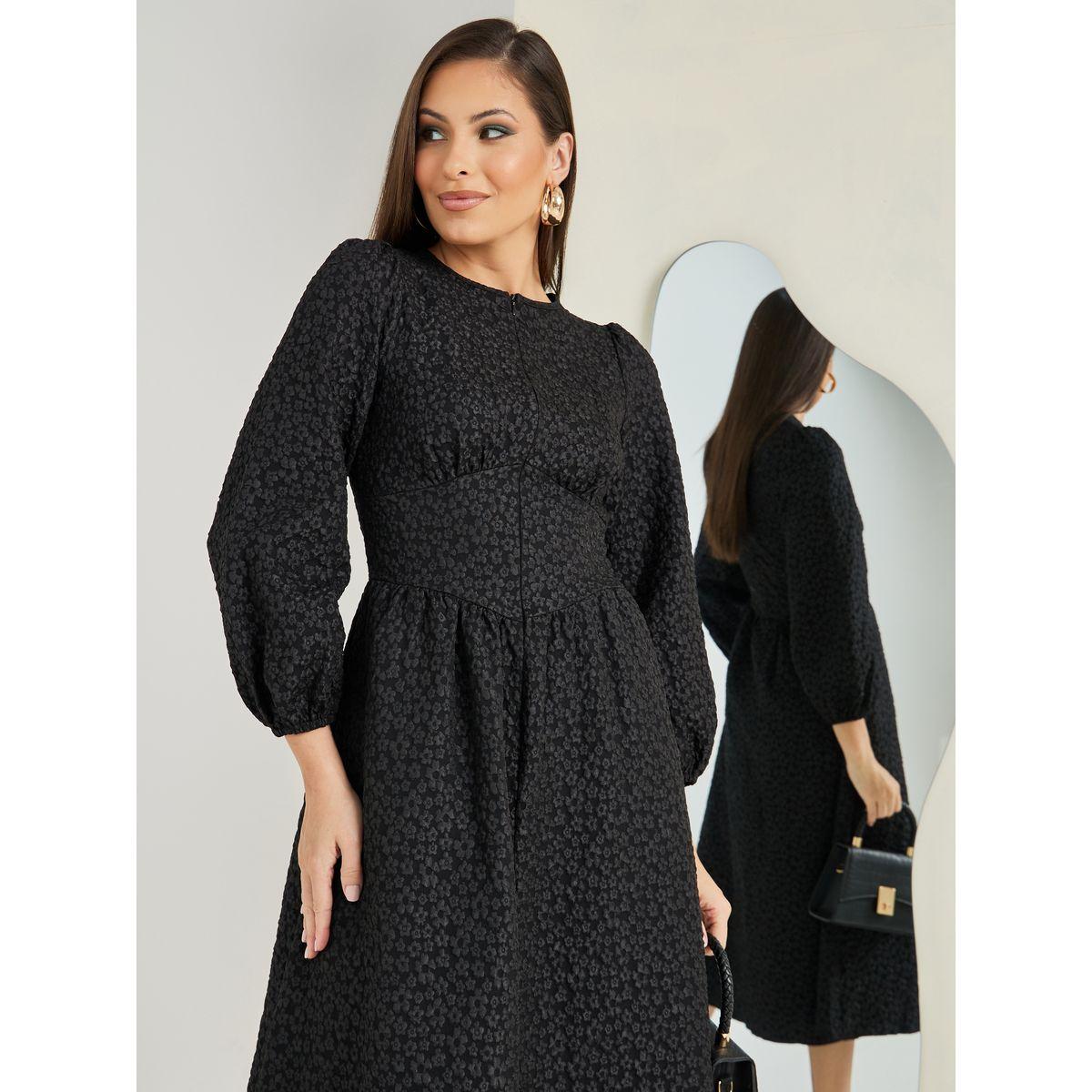 Styli Floral Textured Fit and Flare A-Line Midi Dress-women-clothing-dresses-image-3